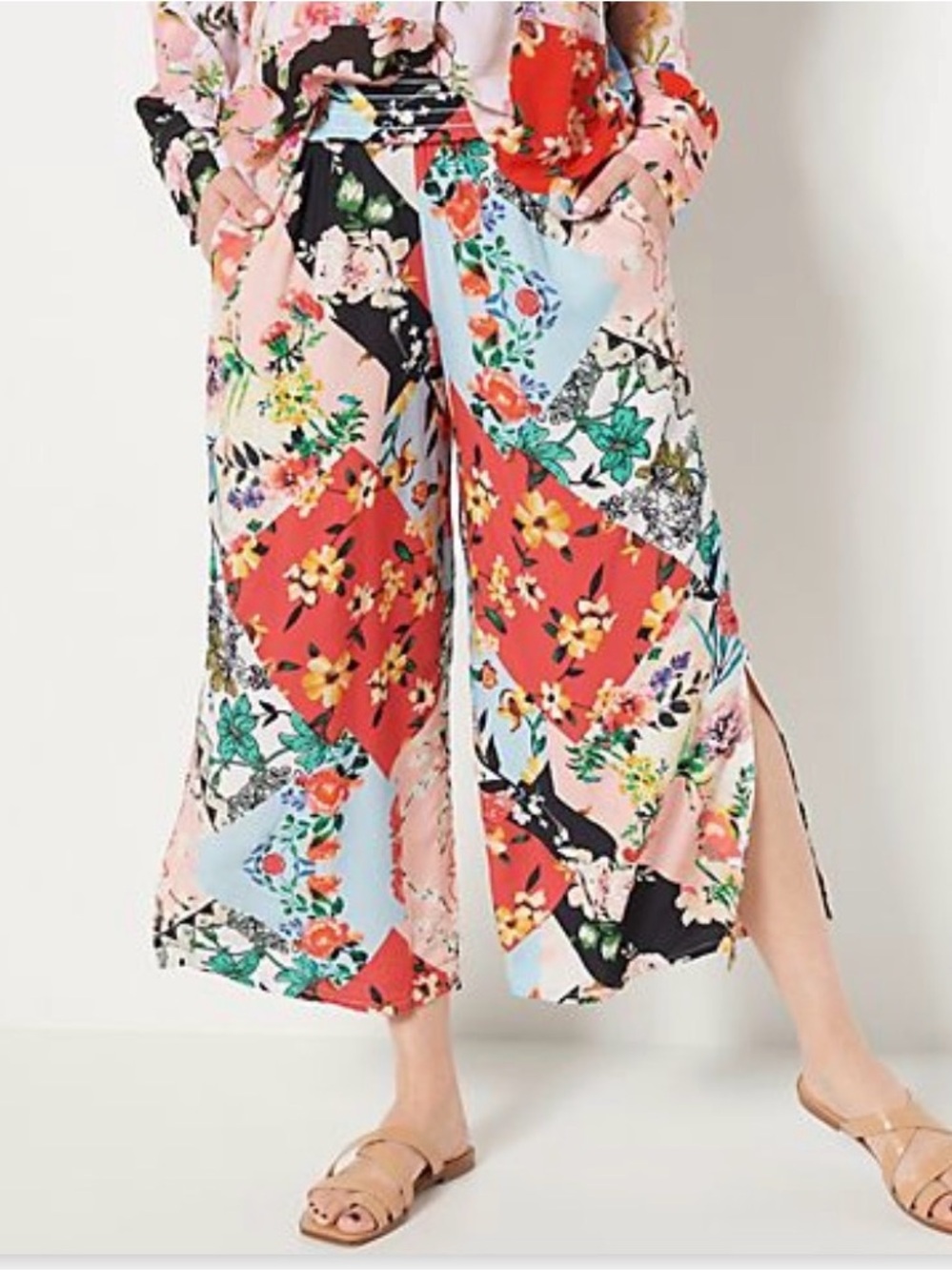 Tolani Multicolor Floral Patchwork Crop Palazzo Pants